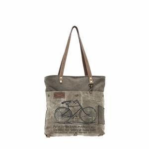 Vintage Bicycle Print Upcycled Canvas And Genuine Leather Trim Tote Bag B)